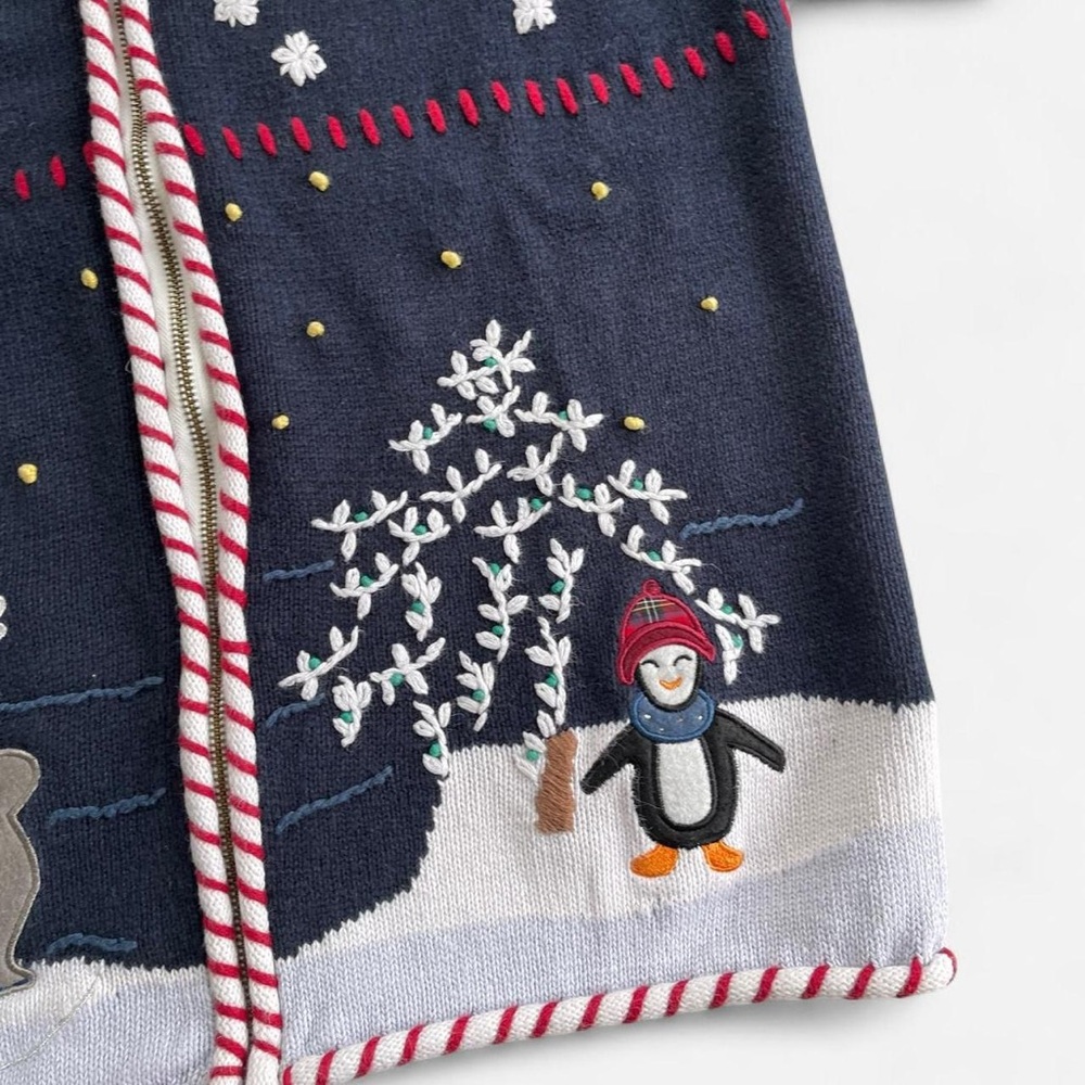 Dress Barn Navy Blue Knit Christmas Holiday Snowman Penguin Embroidered Cardigan - Picture 6 of 7